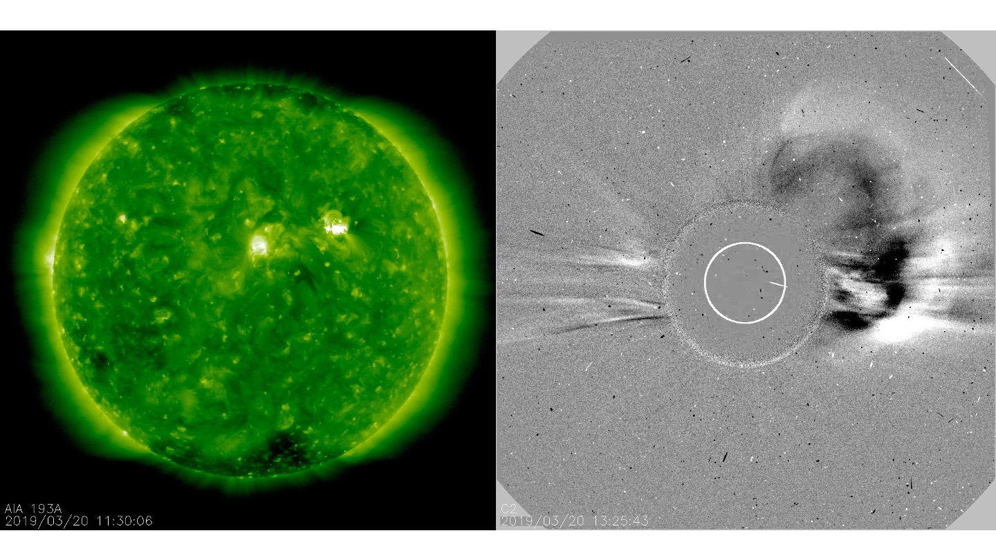 (Left) SDO AIA image of solar flare (image credit NASA). (Right) SOHO LASCO image of coronal mass ejection (image credit ESA). 